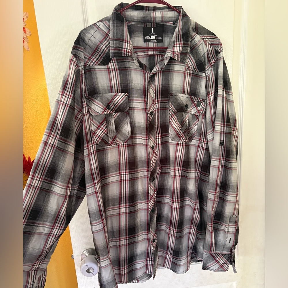 i Jeans by Buffalo Gray and Red Plaid Shirt long sleeve size XXL cowboy country